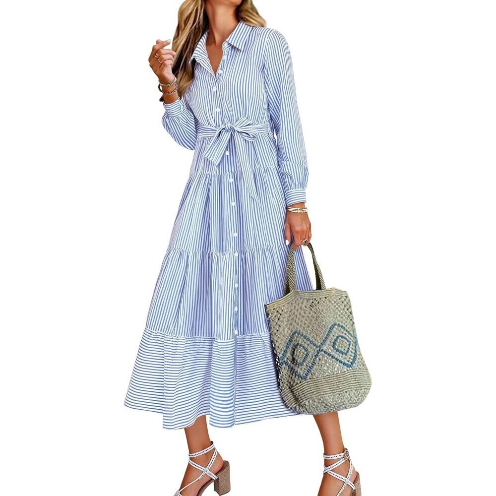 Women Long Sleeve Maxi Dress Rayon Casual Button Stripe Plaid Tie Waist - Picture 1 of 6